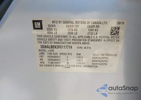 2015 Chevrolet Equinox 1Lt из США, поврежденный, VIN 2GNALBEK3F6117774